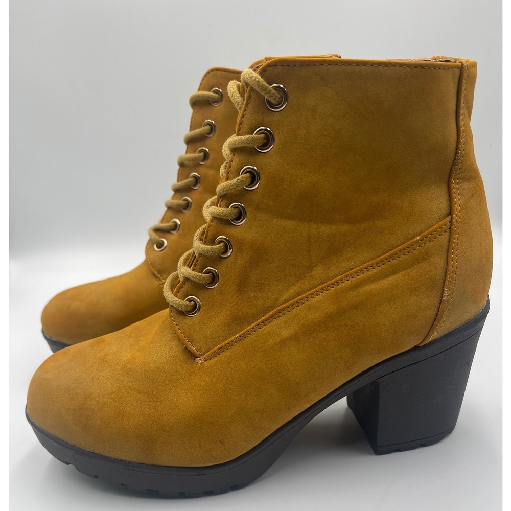 Forever Tan Faux Suede Lace Up Ankle Booties Womens 7 Chunky Block Heel Zip